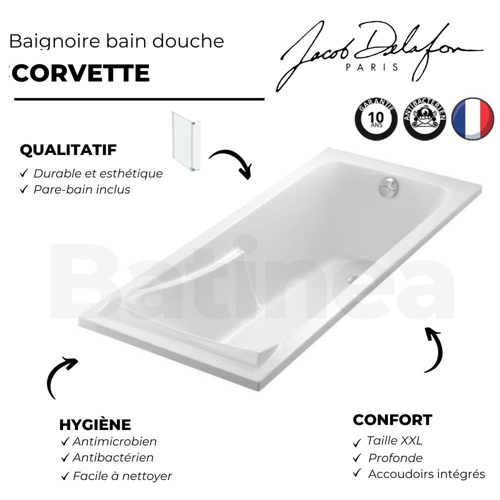 Pack baignoire droite JACOB DELAFON Corvette + pare bain