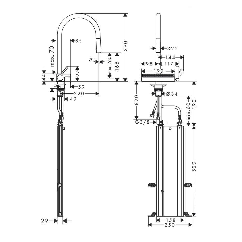Mitigeur cuisine HANSGROHE Aquno Select M81 sBox 3 jets avec douchette extractible noir mat dimensions