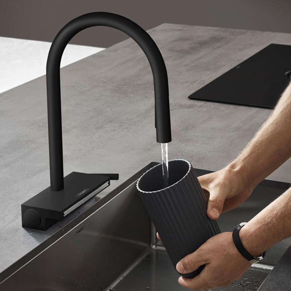 Mitigeur cuisine HANSGROHE Aquno Select M81 sBox 3 jets avec douchette extractible noir mat jet laminaire