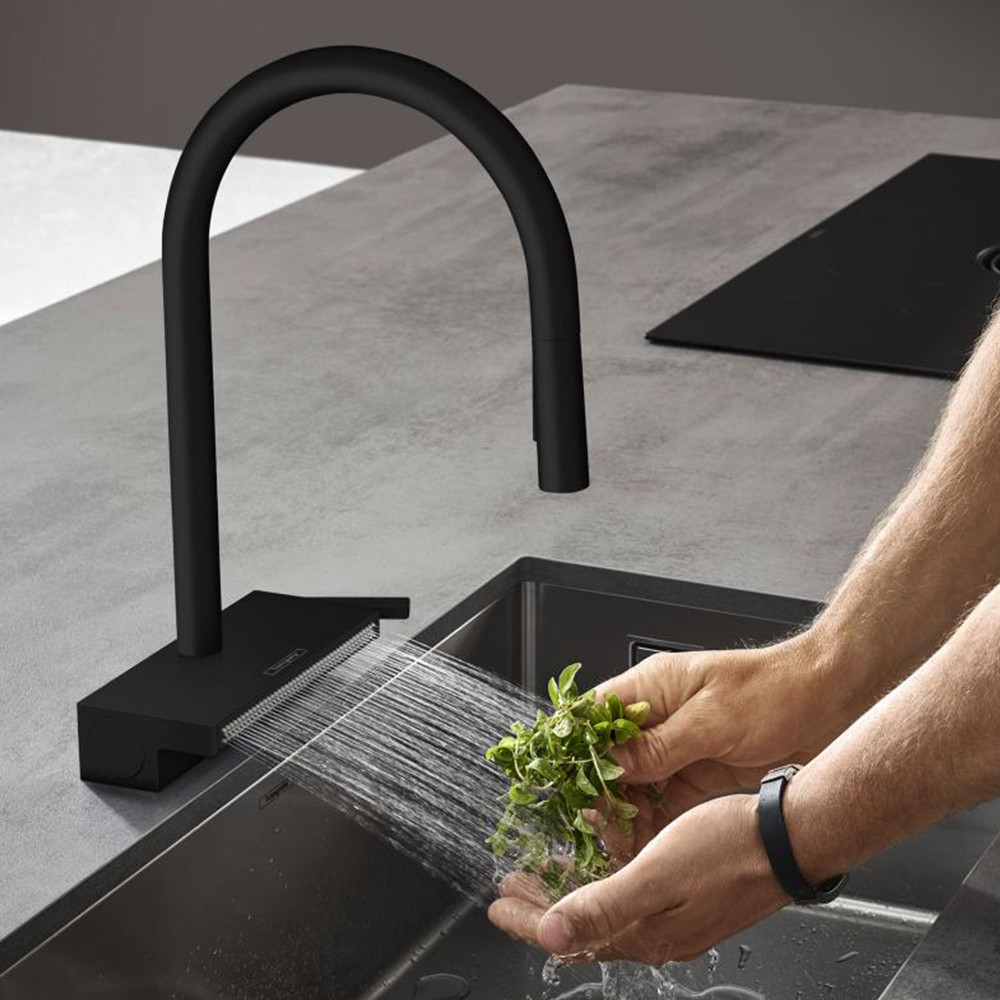 Mitigeur cuisine HANSGROHE Aquno Select M81 sBox 3 jets avec douchette extractible noir mat jet large