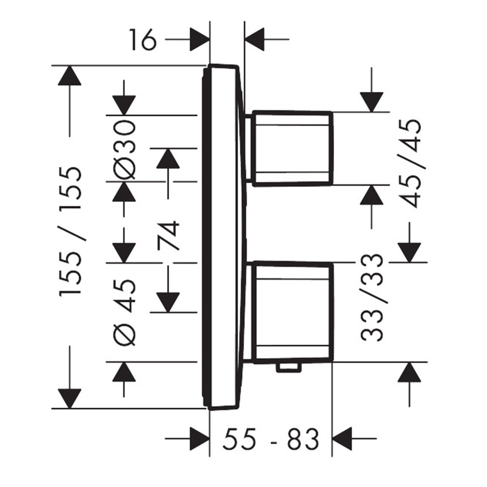 Façade mitigeur thermostatique encastré HANSGROHE Ecostat E chromé avec robinet d'arrêt et inverseur dimensions
