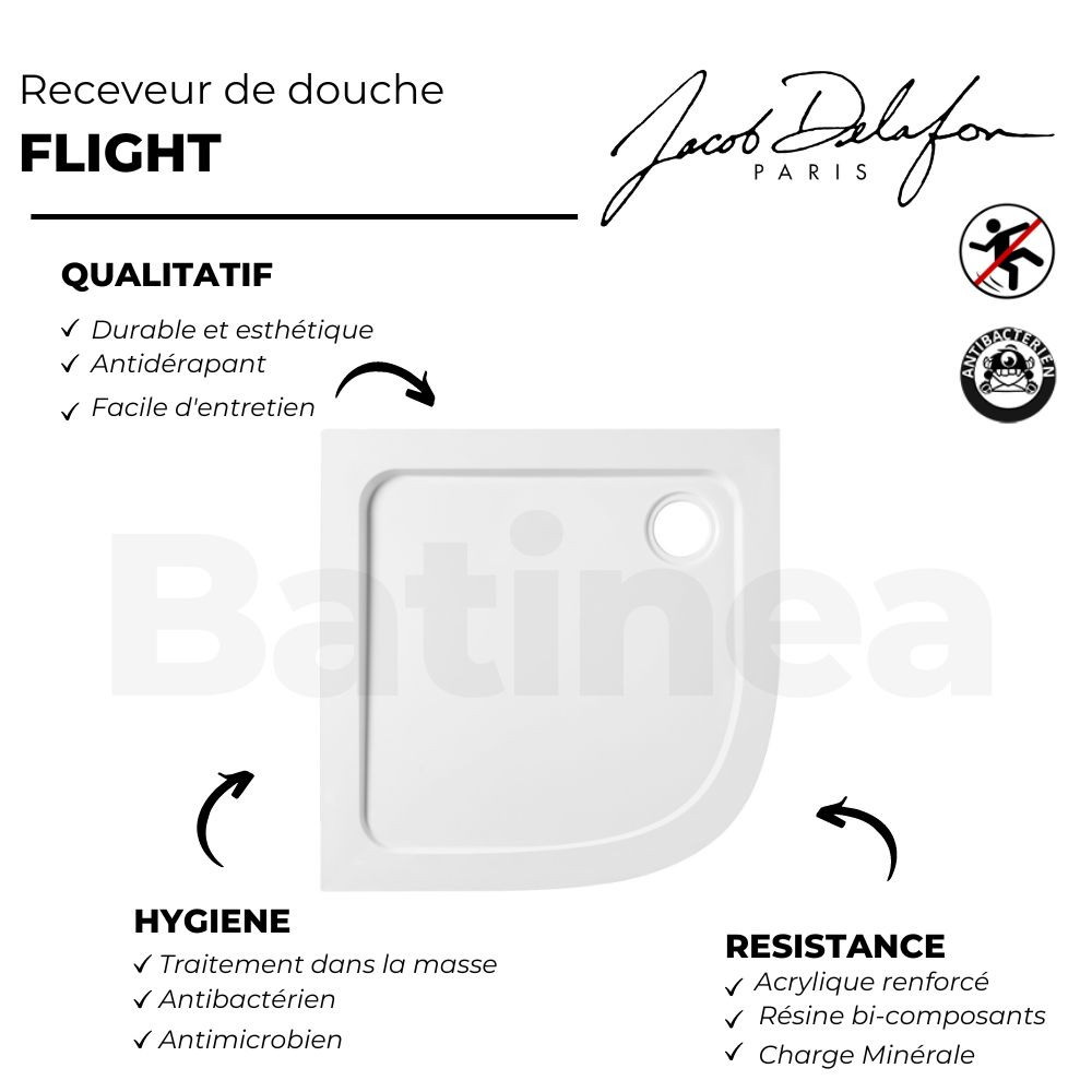 Receveur antidérapant 100 x 80 JACOB DELAFON Flight acrylique quart de rond blanc  