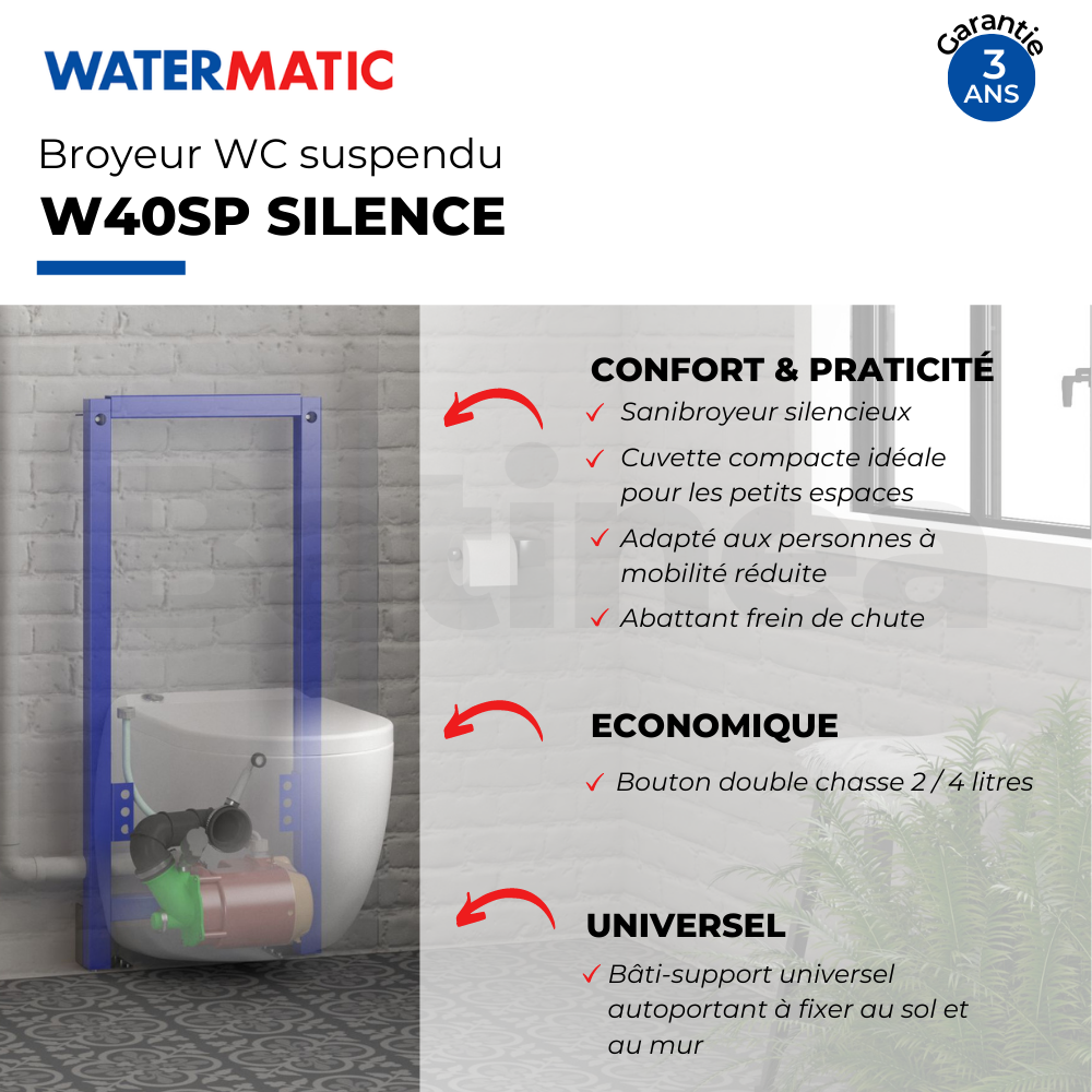 WC broyeur suspendu WATERMATIC W40SP Silence avec abattant points forts