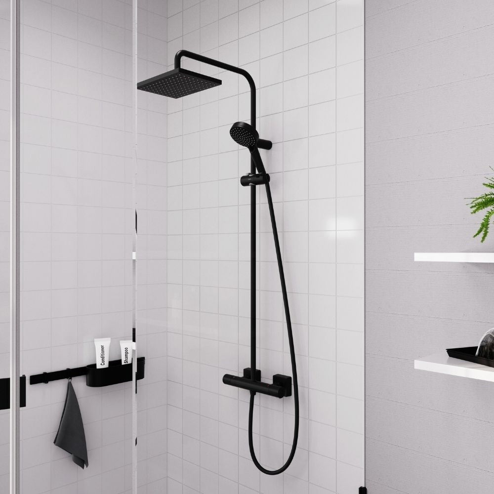 Colonne douche thermostatique HANSGROHE Vernis Shape à économie d'eau, noir mat | Batinea