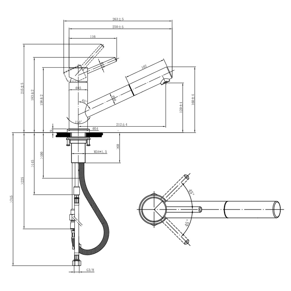 Dimensions Robinet cuisine VILLEROY ET BOCH Como Shower acier massif