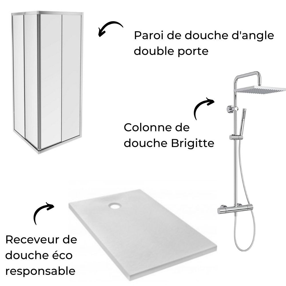 Pack douche avec receveur 90 x 90 cm, colonne douche Brigitte et paroi de douche accès d'angle Serenity  