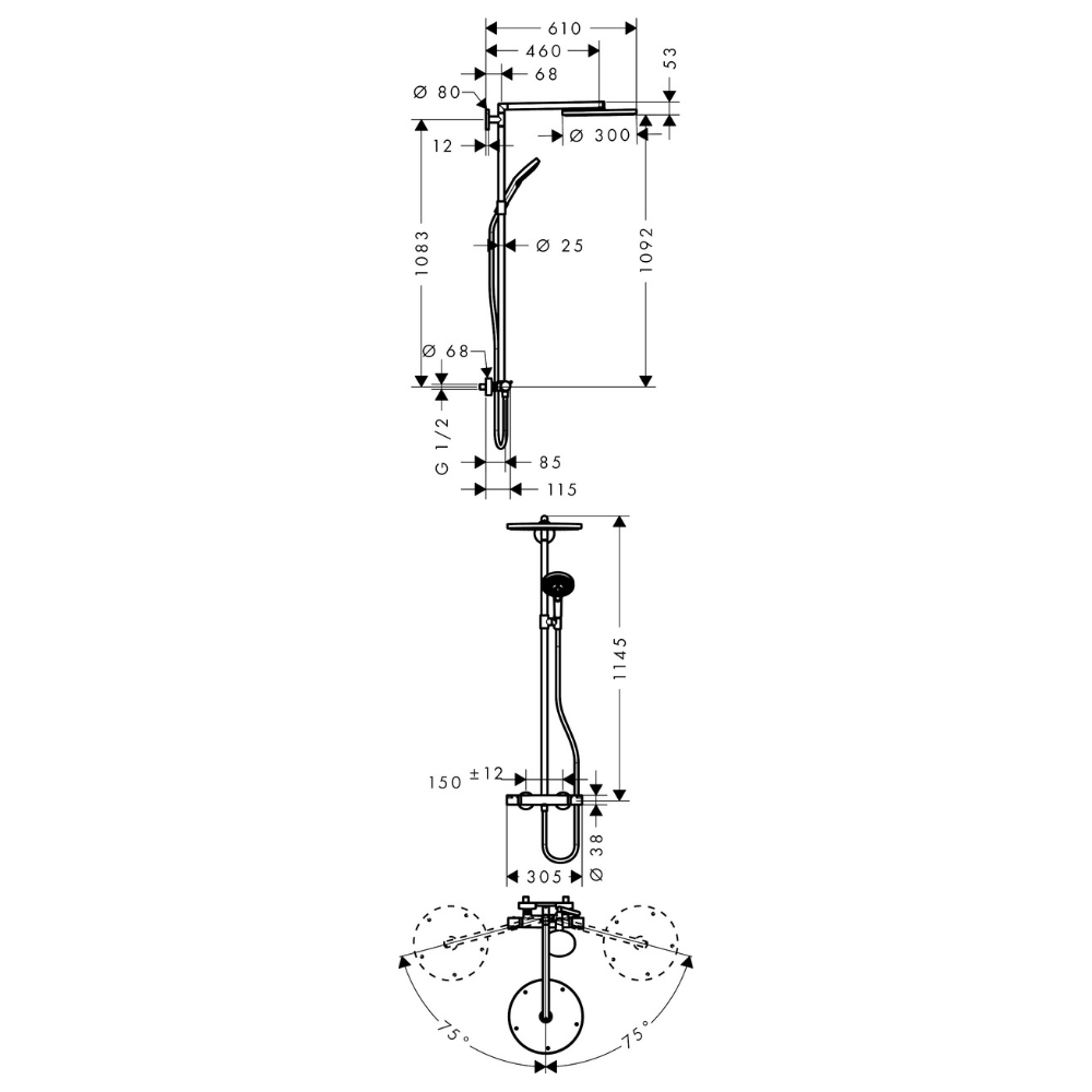 Colonne de douche thermostatique HANSGROHE Raindance S 300 chromé | Batinea
