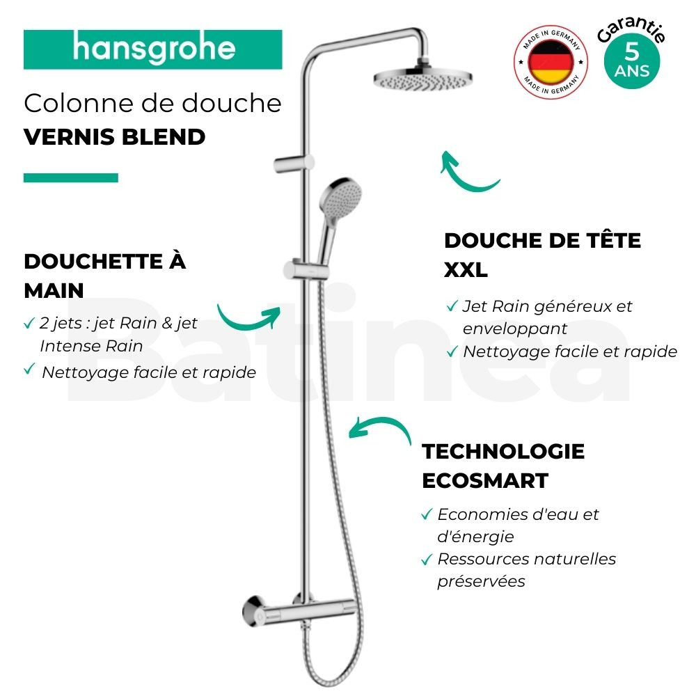 Colonne de douche thermostatique HANSGROHE Vernis Blend 2 jets, chromé 26318000 | Batinea