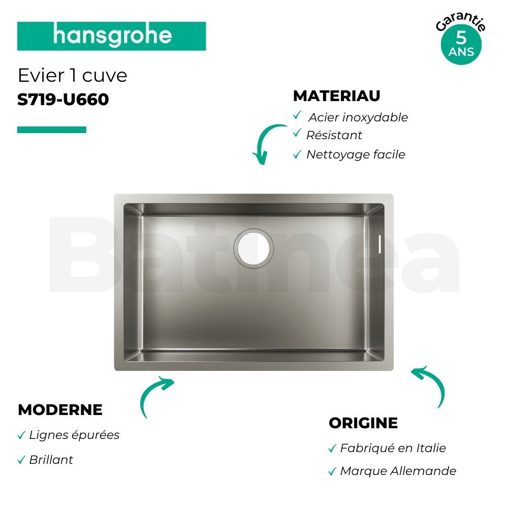 Lot Evier encastré HANSGROHE S719-U660, acier inoxydable + robinet cuisine Aquno sBox