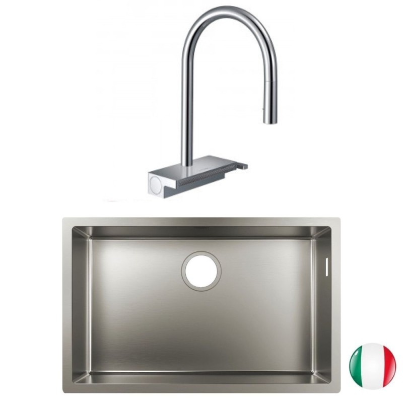 Evier à encastrer sous plan 1 bac HANSGROHE S719-U660 inox avec vidage auto + robinet cuisine Aquno Select M81 170 sBox chromé