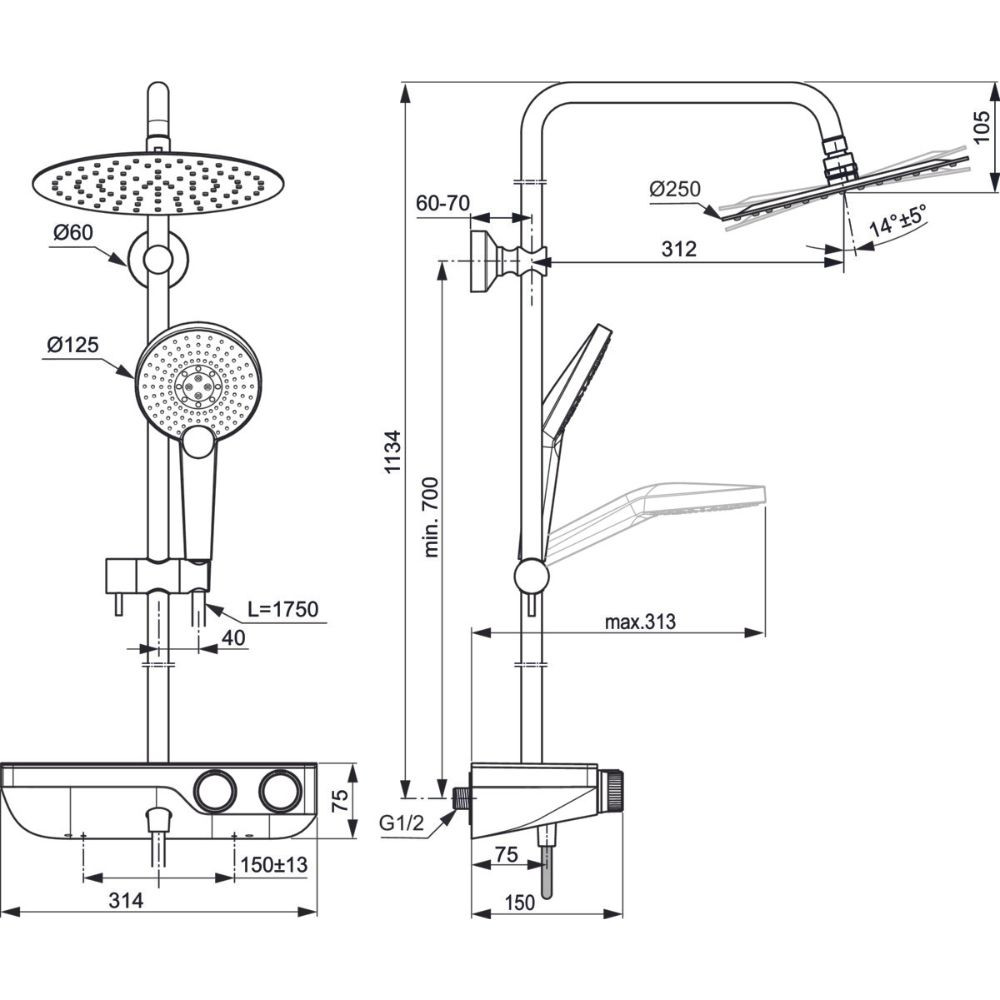 Colonne douche thermostatique IDEAL STANDARD douchette ronde Ceratherm S200  | Batinea