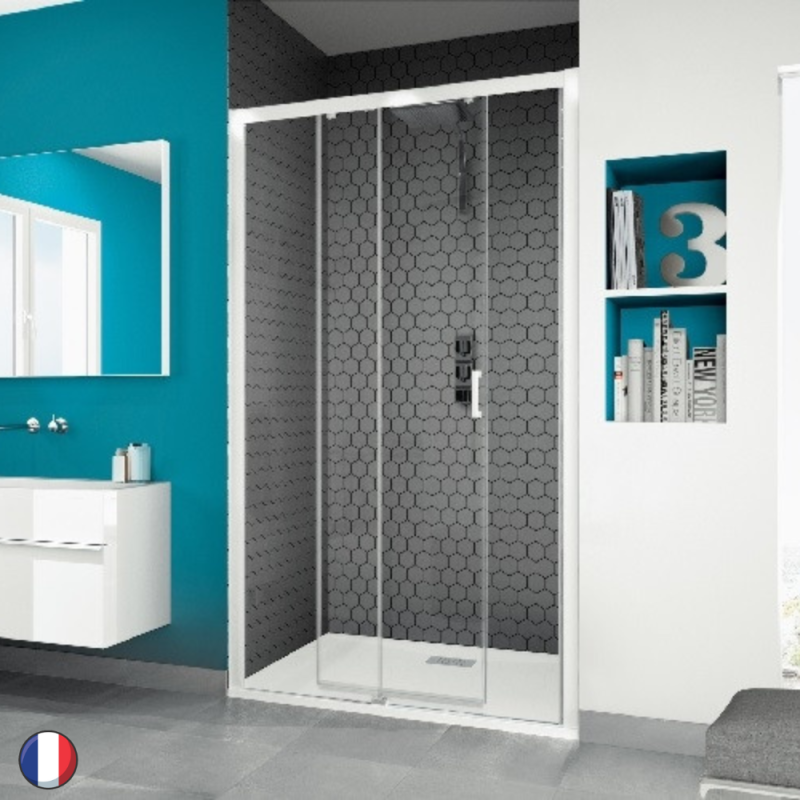 Paroi douche porte coulissante partie fixe à gauche accès à droite smart C Kinedo verre transparent profil chromé