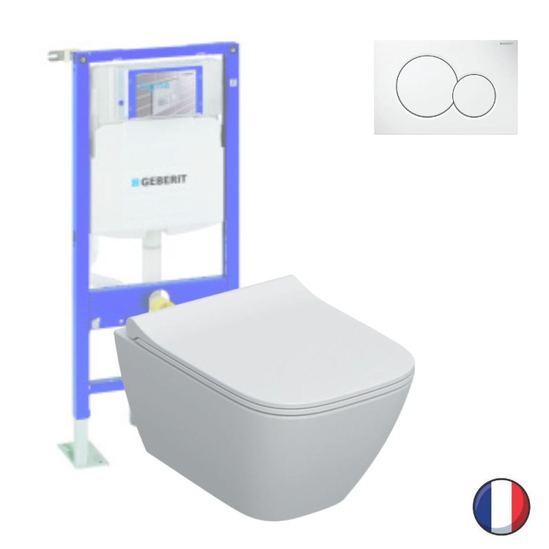 Pack WC suspendu sans bride et compact GEBERIT Smyle Square, caréné + Bati support + Plaque de commande | Batinea