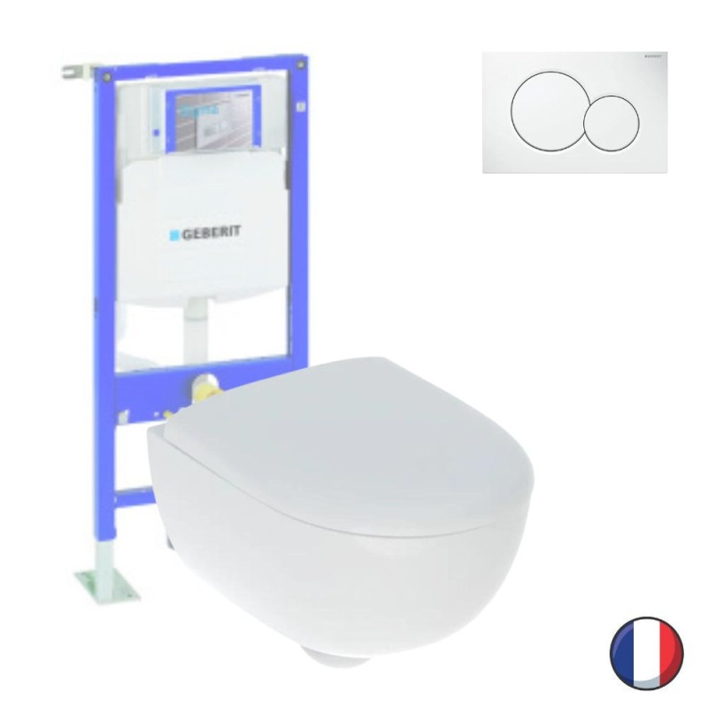 Pack WC suspendu sans bride GEBERIT Renova Compact, caréné + Bati support + Plaque de commande | Batinea