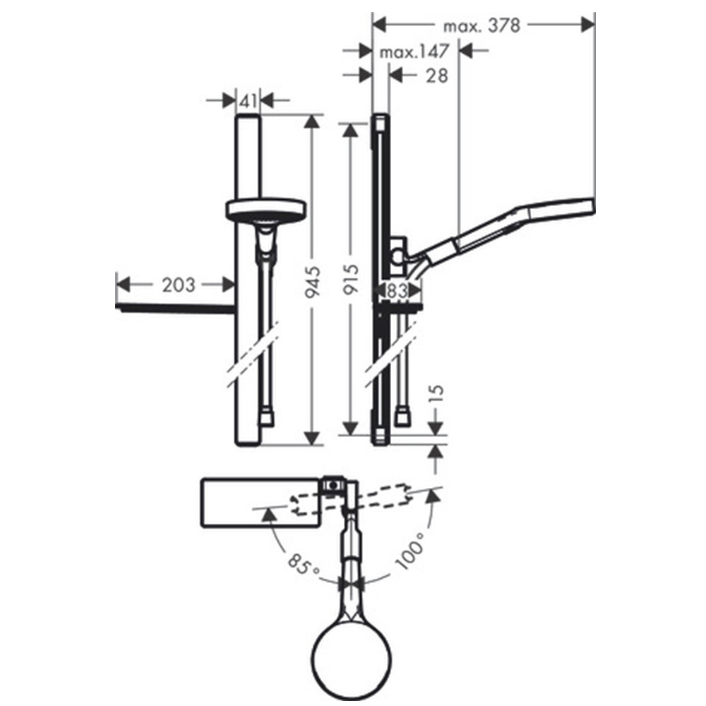Ensemble de douche 130 3jet EcoSmart avec barre de douche 90 cm et porte-savon chromé schéma technique