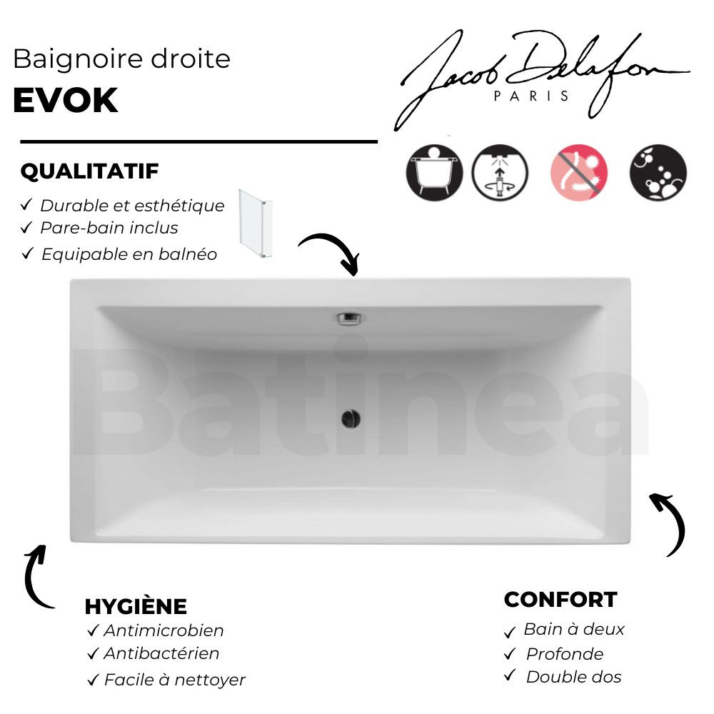 Baignoire droite JACOB DELAFON Evok, deux places + pare bain | Batinea