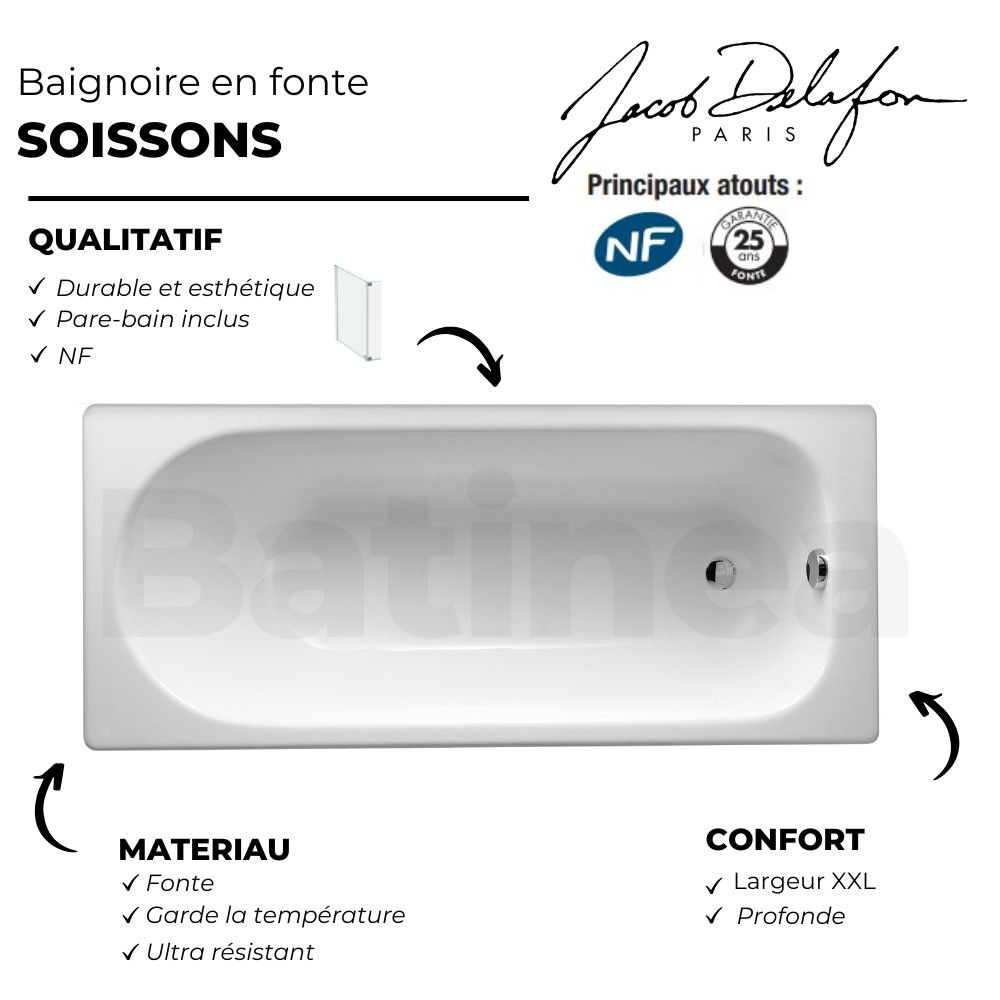 Pack baignoire droite JACOB DELAFON Soissons fonte + pare bain