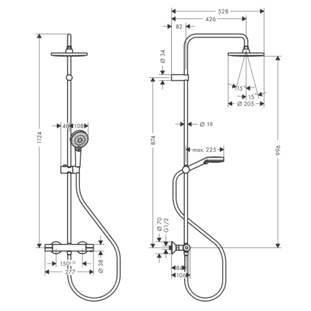 Colonne de douche thermostatique HANSGROHE Vernis Blend 2 jets, chromé 26318000 | Batinea