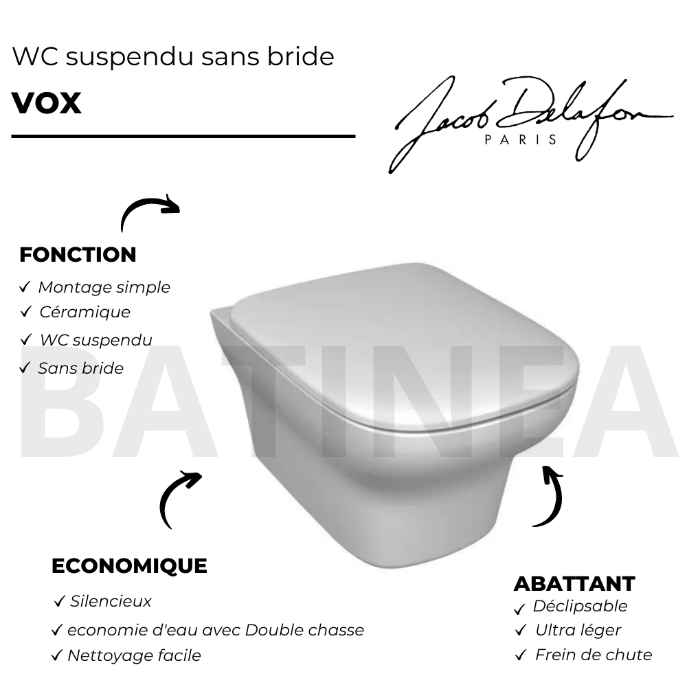 points forts WC suspendu sans bride JACOB DELAFON Vox avec son abattant déclipsable à descente progressive 