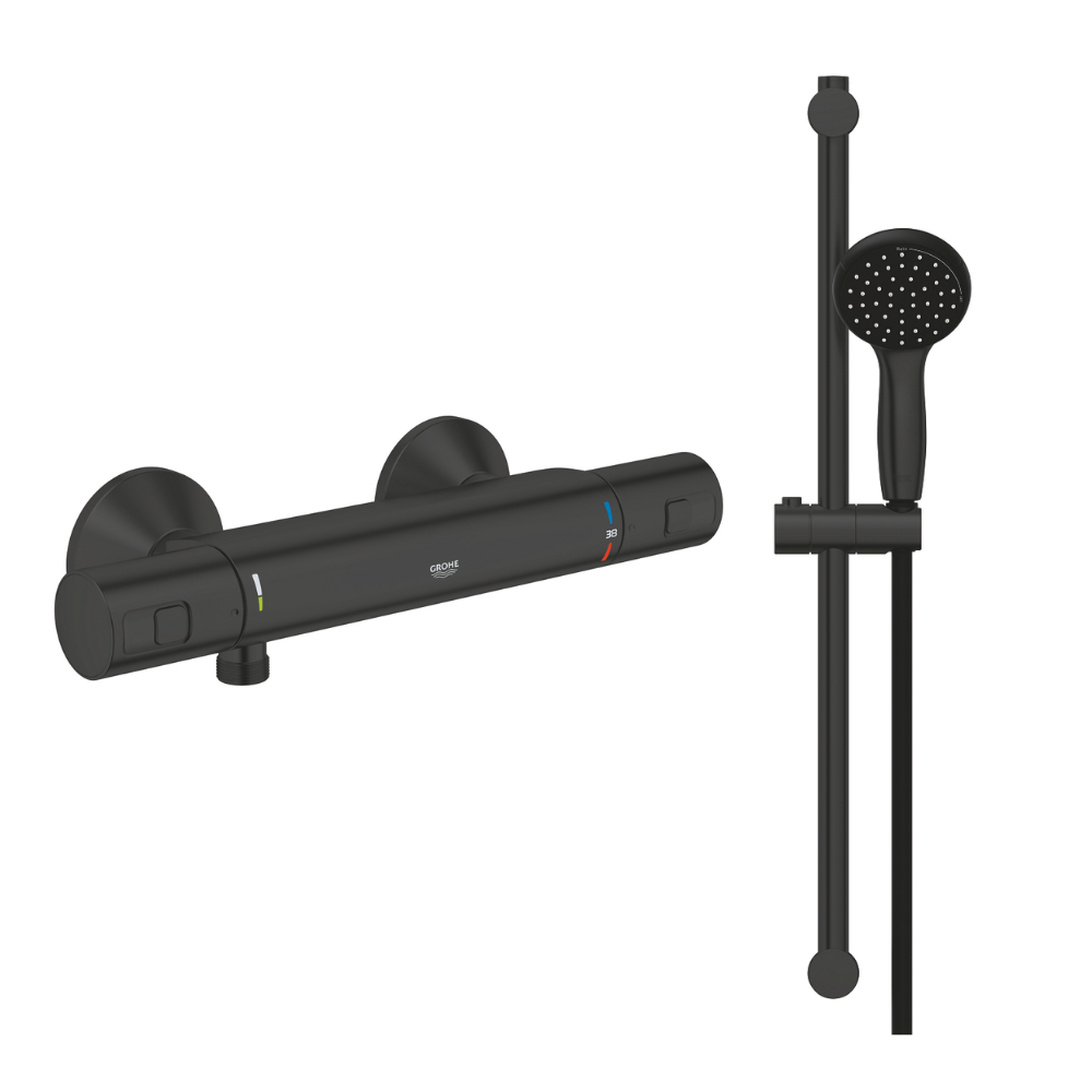Image sur fond blanc du pack mitigeur douche thermostatique GROHE Precision Start noir + ensemble de douche GROHE Vitalio Start 