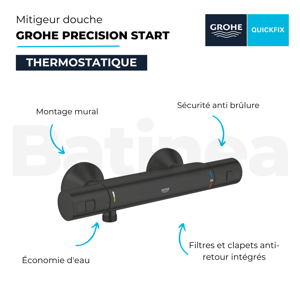 Présentation des avantages du pack mitigeur douche thermostatique GROHE Precision Start noir + ensemble de douche GROHE Vitalio 