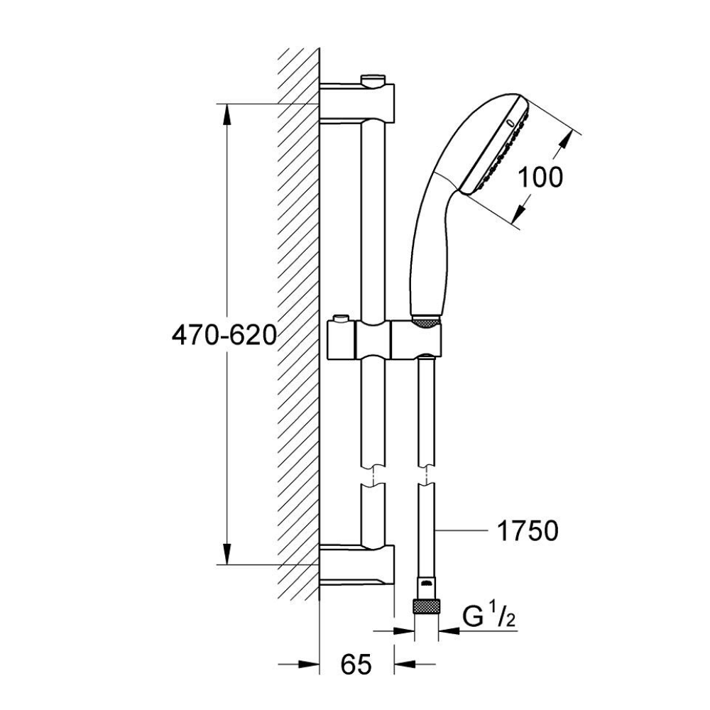 Schéma du pack mitigeur douche thermostatique GROHE Precision Start noir + ensemble de douche GROHE Vitalio Start avec barre