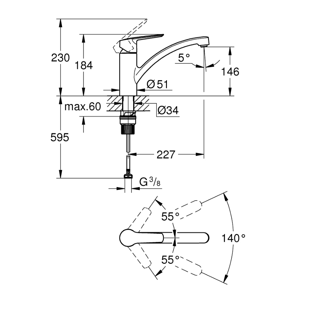 Schéma du robinet de cuisine GROHE Start noir mat + nettoyant GrohClean