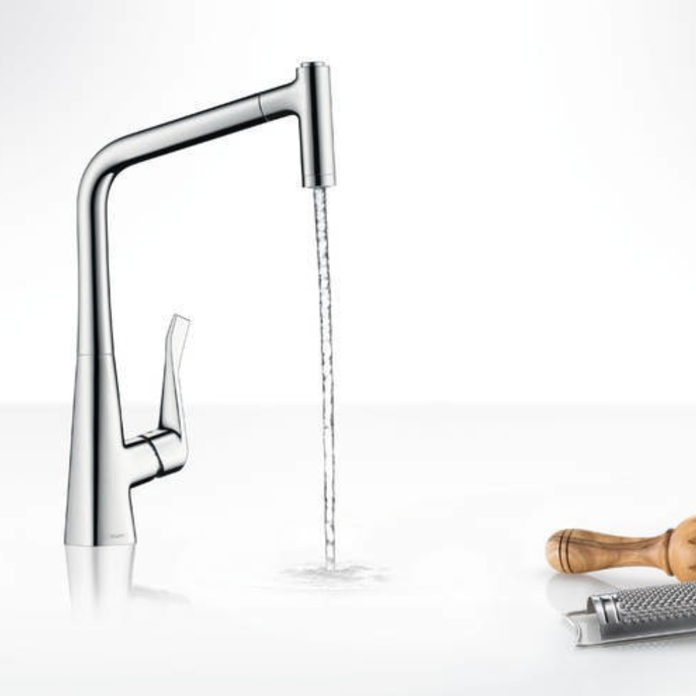 Présentation jet laminar Robinet de cuisine avec douchette HANSGROHE Metris M71 320 2 jets chromé