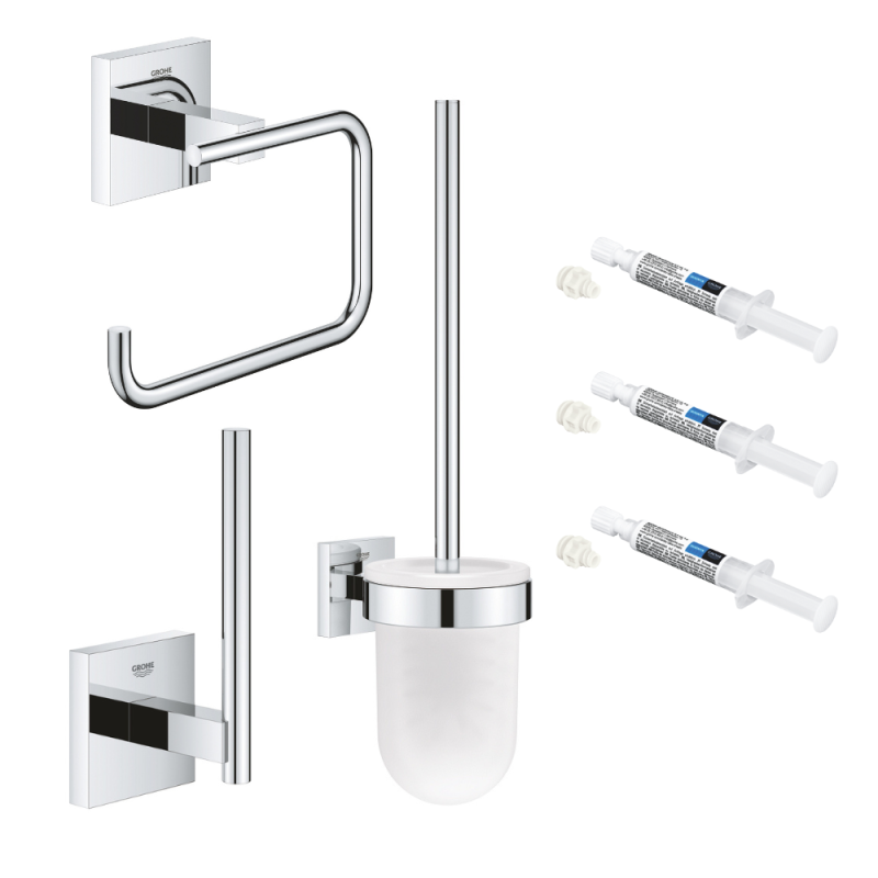 pack accessoires pour WC GROHE Start Cube avec porte-balai + repose papier + dérouleur de papier + 3 colles GROHE QuickGlue