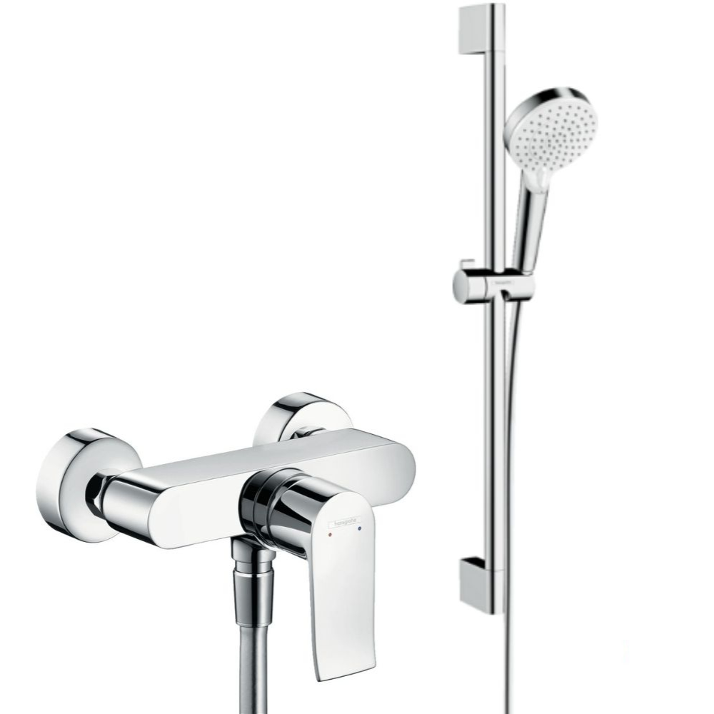 Mitigeur de douche Hansgrohe Metris + pommeau de douche rond 2 jets vario chrome + flexible + barre