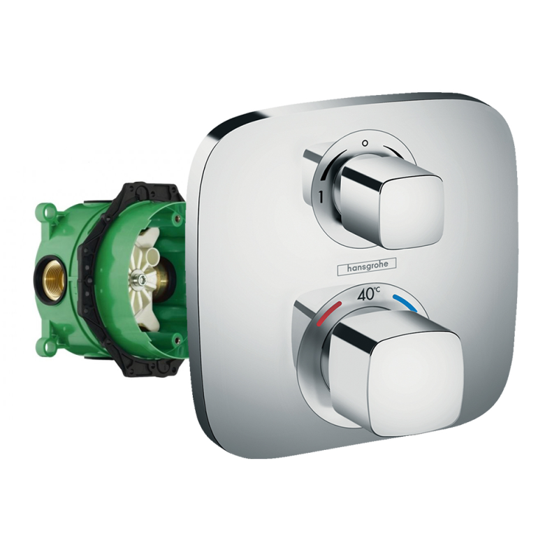 Façade mitigeur thermostatique encastré Hansgrohe EcoStat E chromée avec corps d'encastrement universel iBox