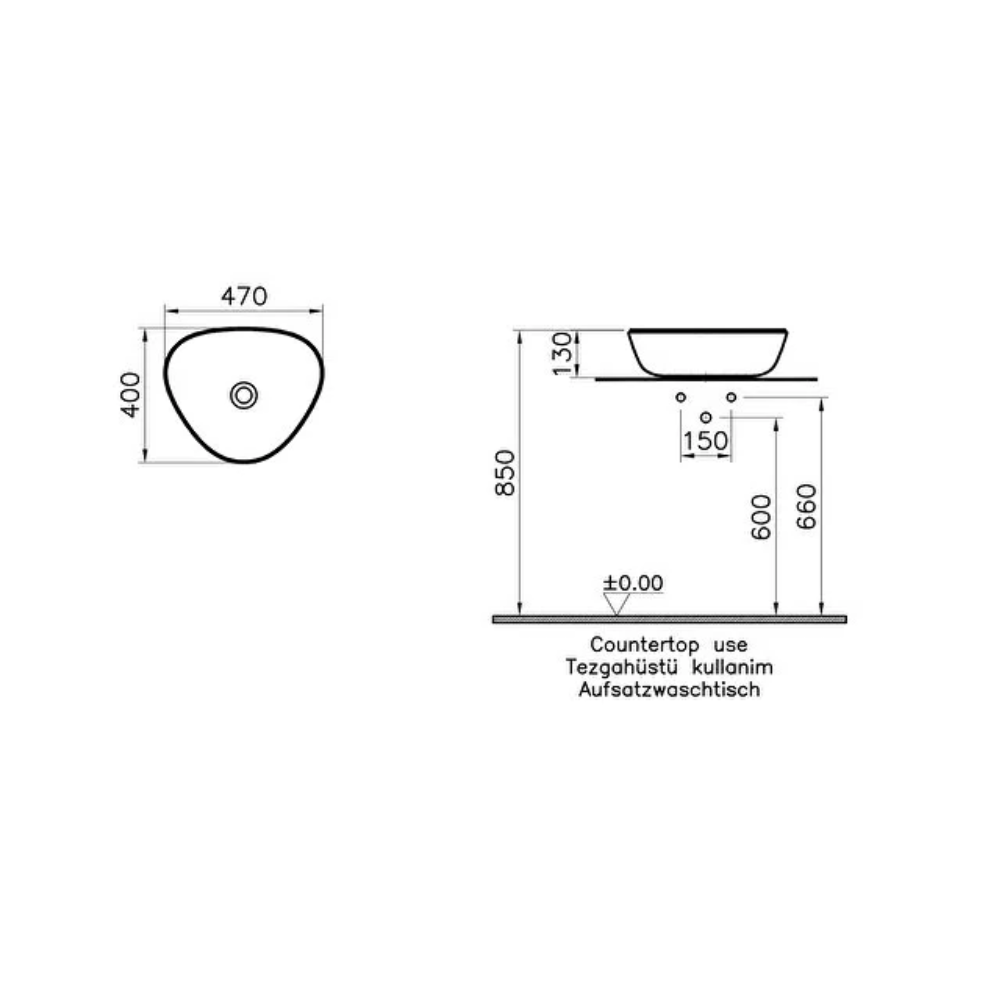 Schéma avec dimensions de la Vasque à poser asymétrique VITRA Plurals blanc