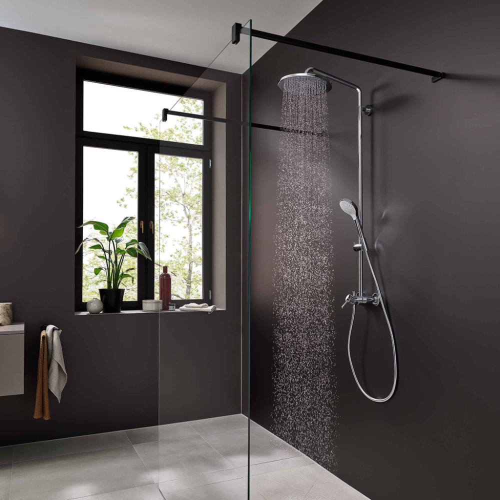 Colonne de douche mécanique HANSGROHE Croma Select S 280 chromé + tablette AddStoris démonstration fonctionnement de la colonne 