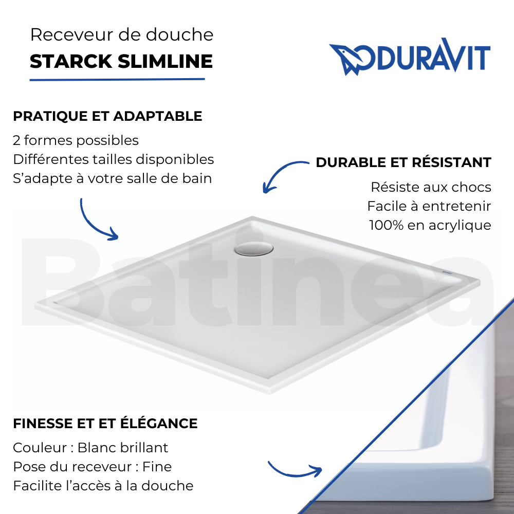 Les avantages du  Receveur de douche 80 x 80 DURAVIT Starck Slimline