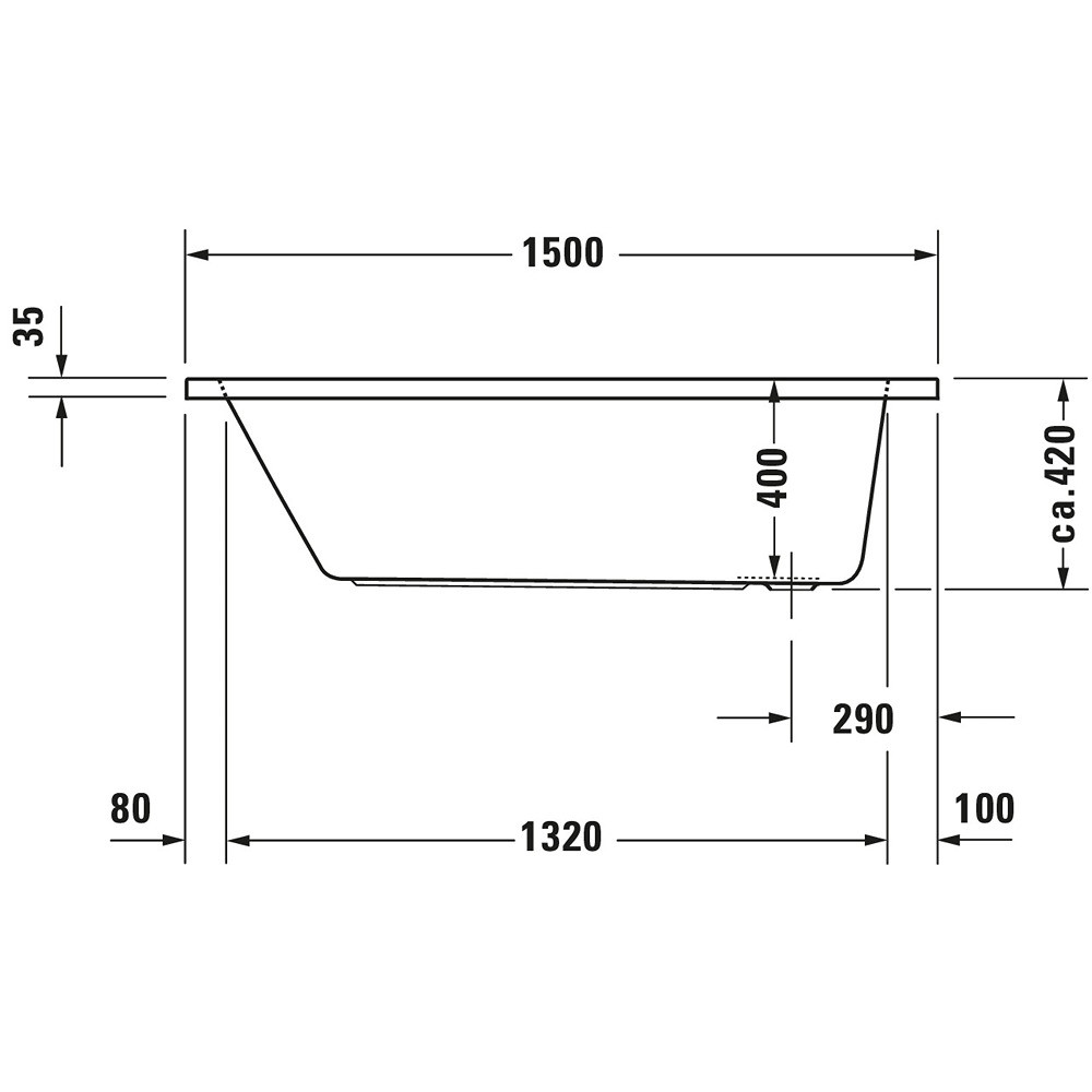 Schéma de côté de la Baignoire droite 150x75 DURAVIT D-Code