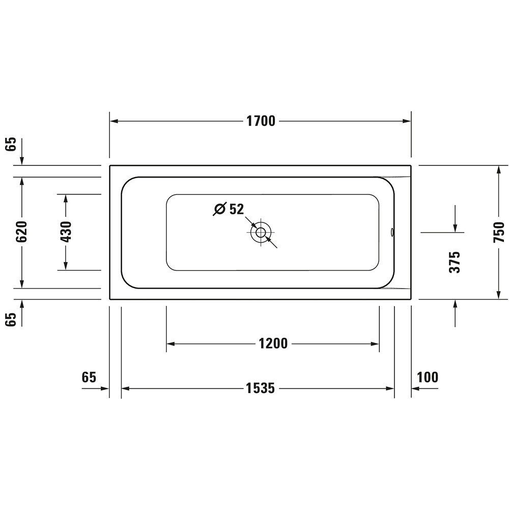Schéma de face de la Baignoire droite 170x75 DURAVIT D-Code bonde au centre