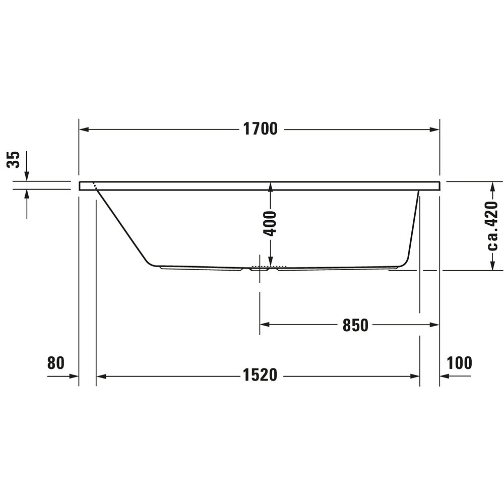 Schéma de côté de la Baignoire droite 170x75 DURAVIT D-Code bonde au centre