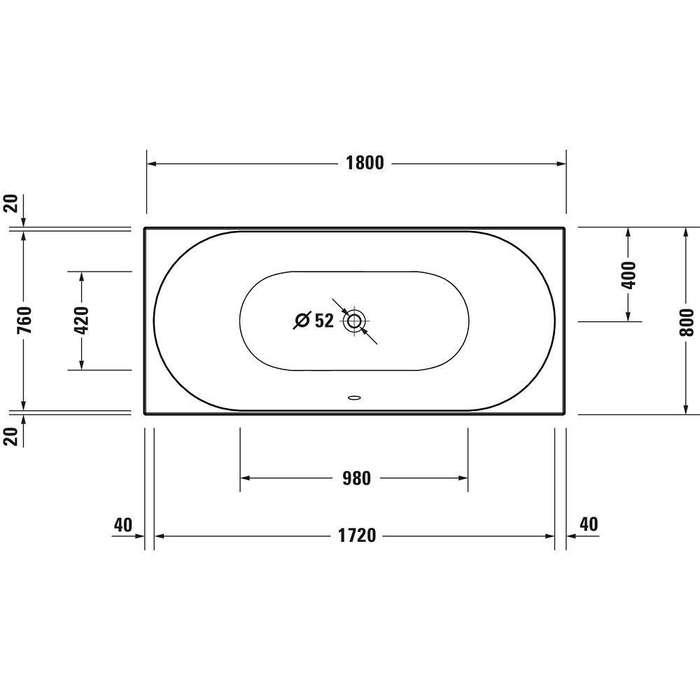 Schéma de face de la Baignoire droite 180x80 DURAVIT D-Neo avec 2 dossiers