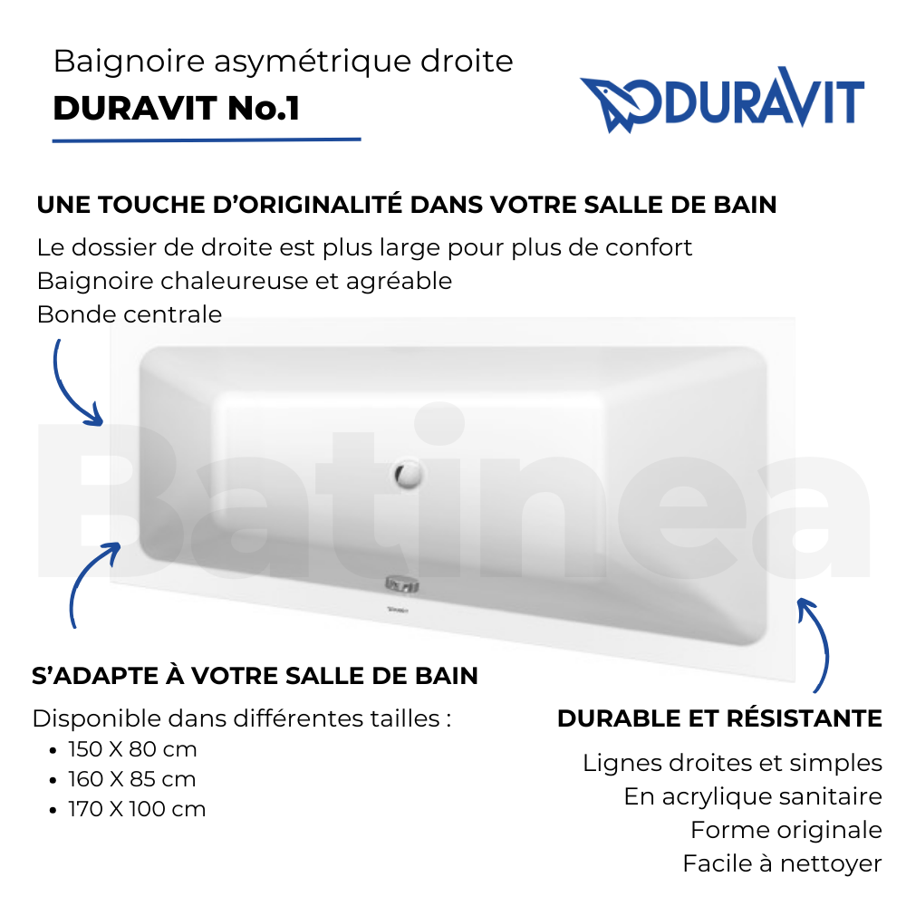 Les points forts de la Baignoire asymétrique 150x80 DURAVIT Duravit No.1 version droite