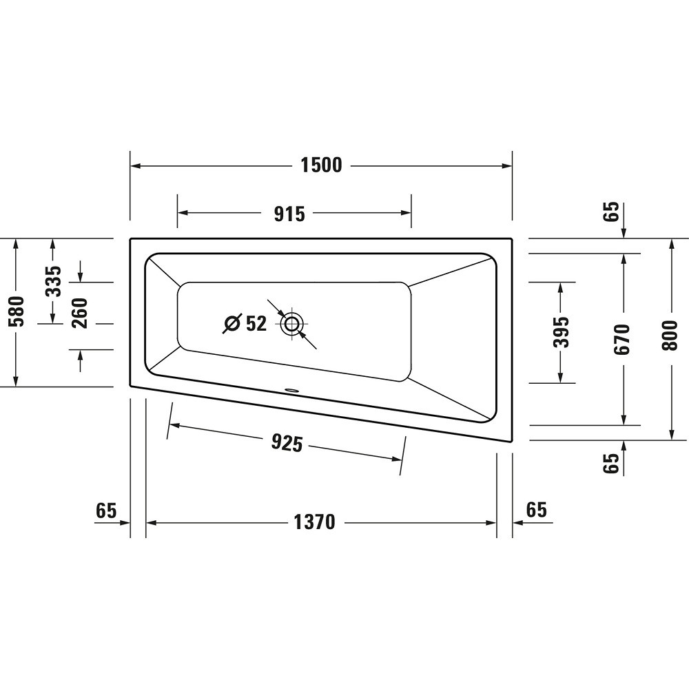 Schéma de face de la Baignoire asymétrique 150x80 DURAVIT Duravit No.1 version droite