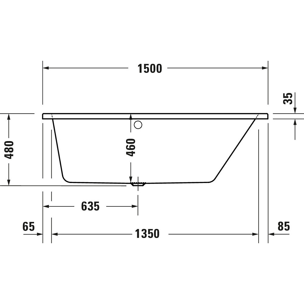 Schéma de côté de la Baignoire asymétrique 150x80 DURAVIT Duravit No.1 version droite