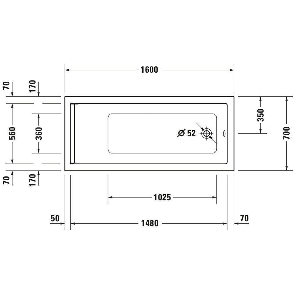 Schéma de face de la Baignoire droite 160x70 DURAVIT Starck 