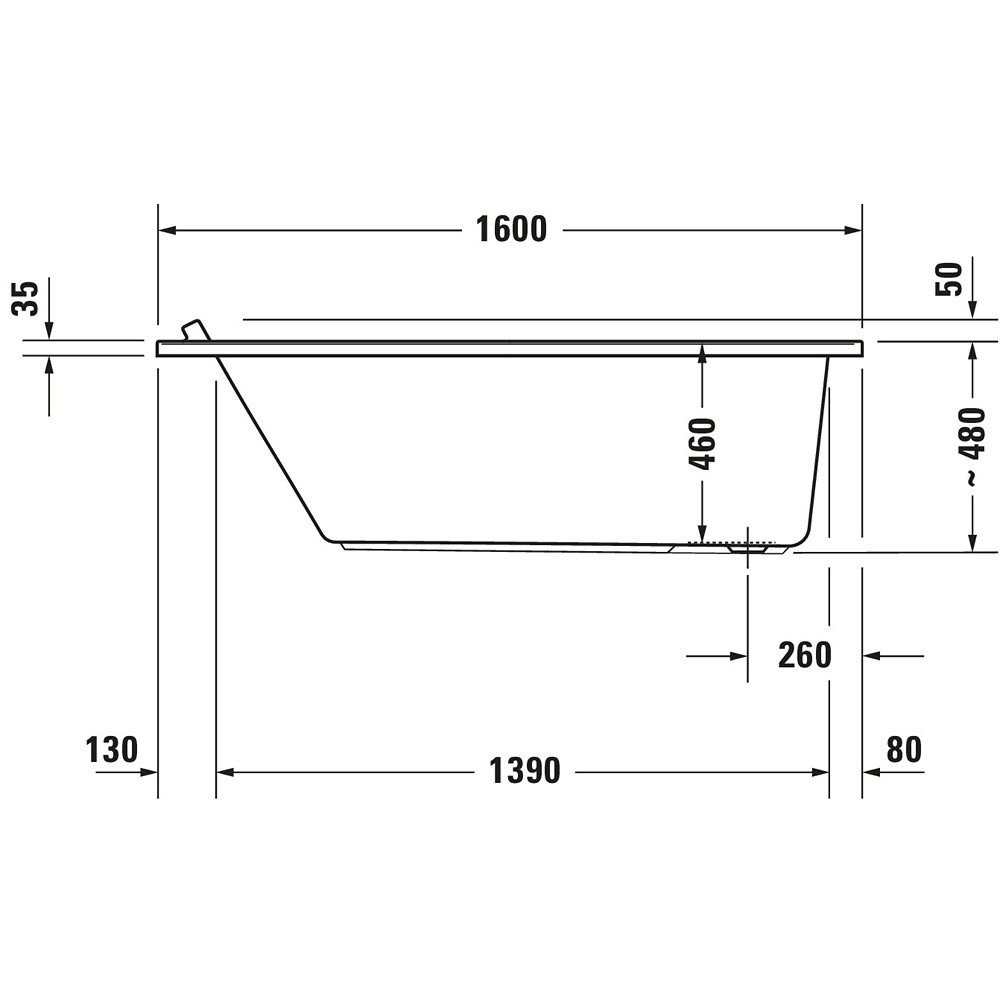 Schéma de côté de la Baignoire droite 160x70 DURAVIT Starck 