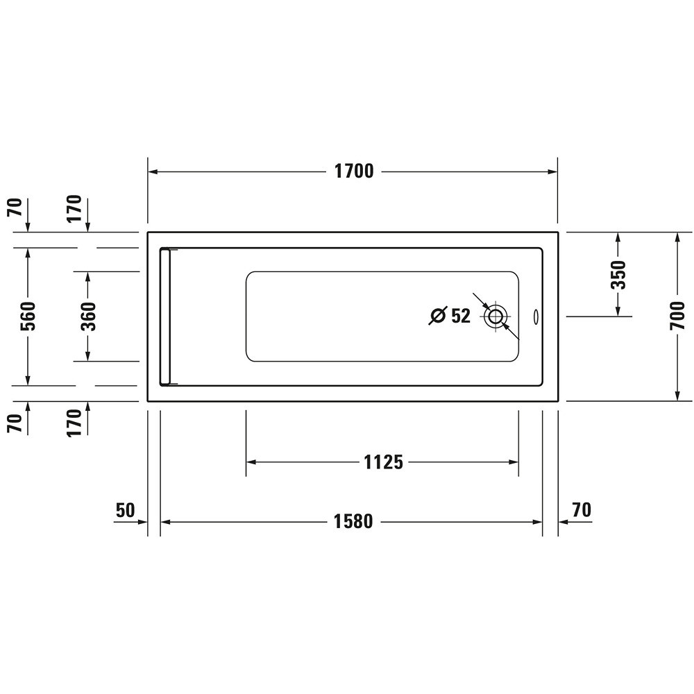 Schéma de face de la Baignoire droite 170x70 DURAVIT Starck 