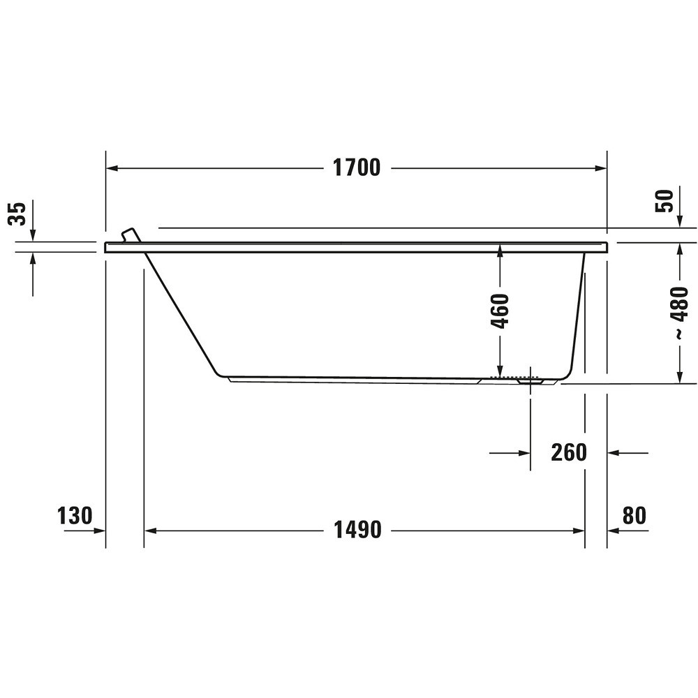 Schéma de côté de la Baignoire droite 170x70 DURAVIT Starck 