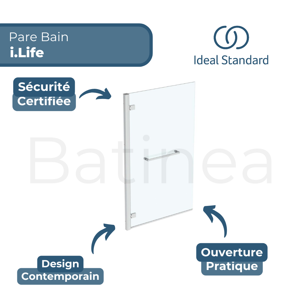 Le schéma technique du Pare bain fixe IDEAL STANDARD gauche + porte-serviette i.Life 