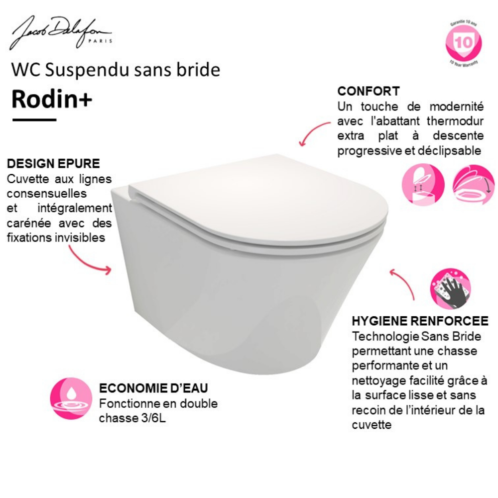 point fort WC suspendu sans bride JACOB DELAFON Rodin+ avec abattant