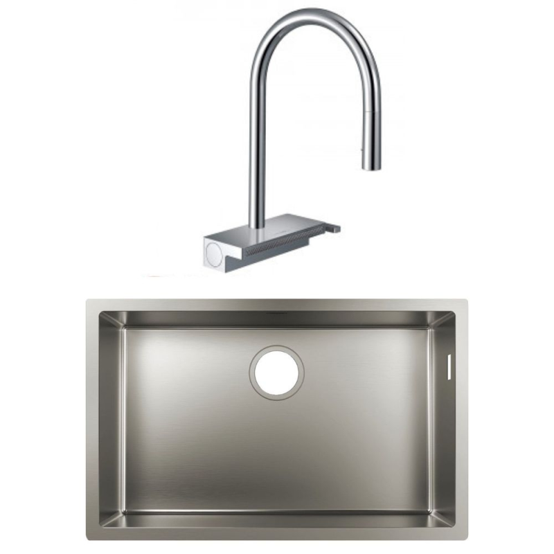 Evier à encastrer sous plan 1 bac HANSGROHE S719-U660 inox avec vidage auto + robinet cuisine Aquno Select M81 170 chromé