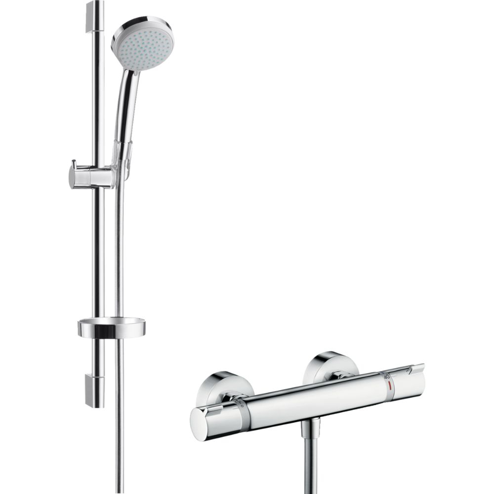 Ensemble douche HANSGROHE Croma 100 + mitigeur thermostatique Vario Economie d'eau, Barre douche - 65 cm