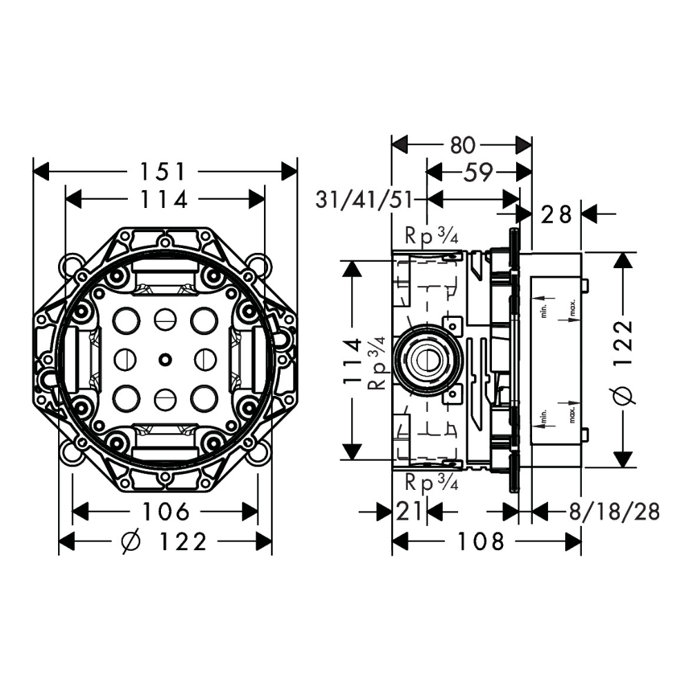 Schema corps d'encastrement pack de douche encastrée avec mitigeur thermostatique HANSGROHE Ecostat Square chromé